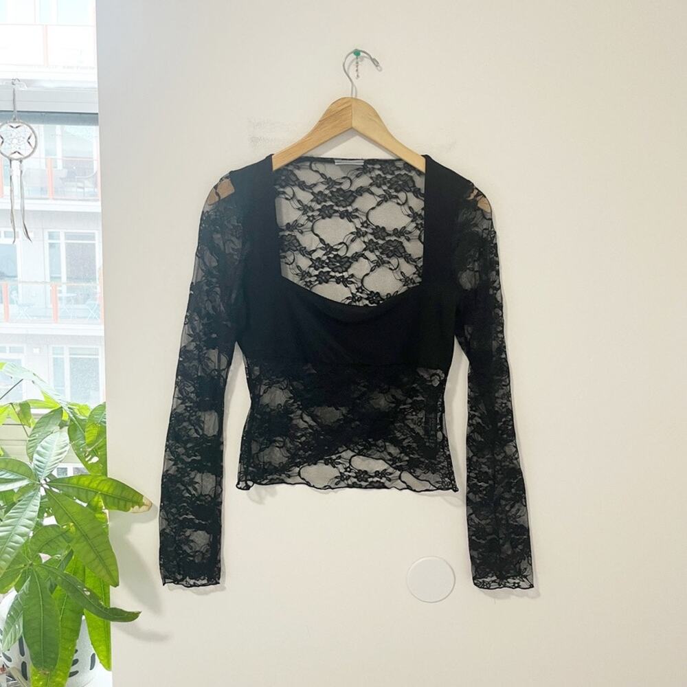 Asos Design Black See Through Lace Long Sleeve Top Size Medium